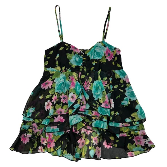grass collection Tops - Grass Collection Floral Ruffle Cami Top Black Pink Blue Women's Size M